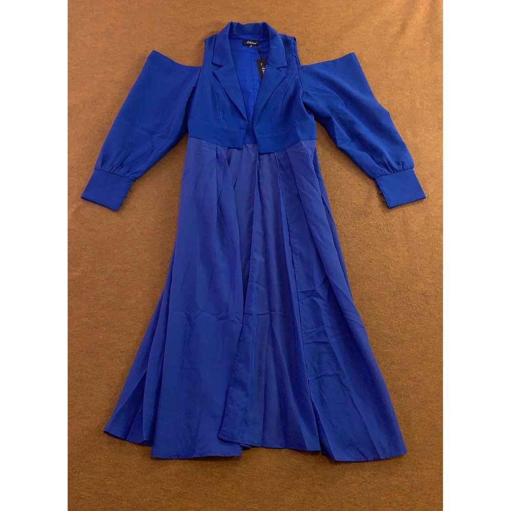 Athina Womens Medium Blue Cold Shoulder Blazer Style Pleated Maxi Dress NWT